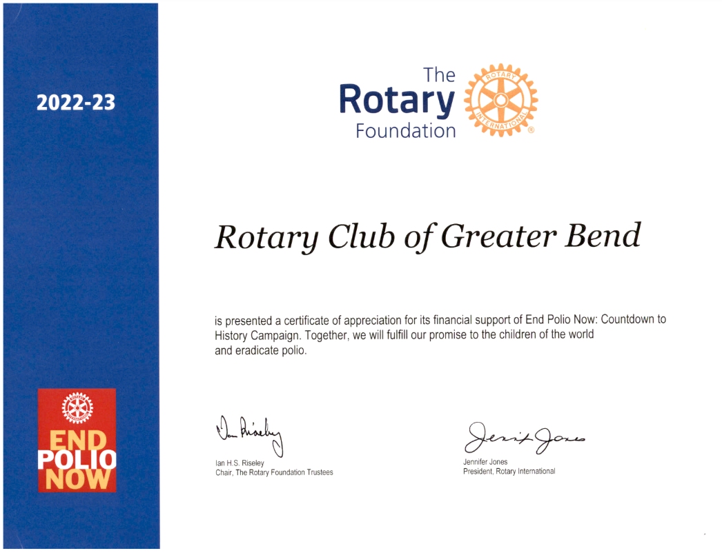Rotary Club of Greater Bend certificate for support of End Polio Now for 2022-23