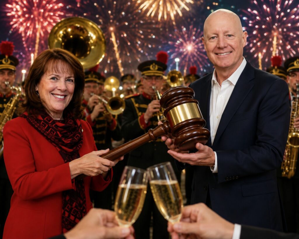 Laurel Fishkin passing the Rotary gavel to Neal Bordenave